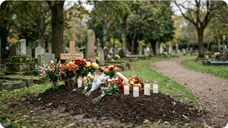 Grab absetzen – Wartezeit vor der Grabsteinmontage auf dem Friedhof