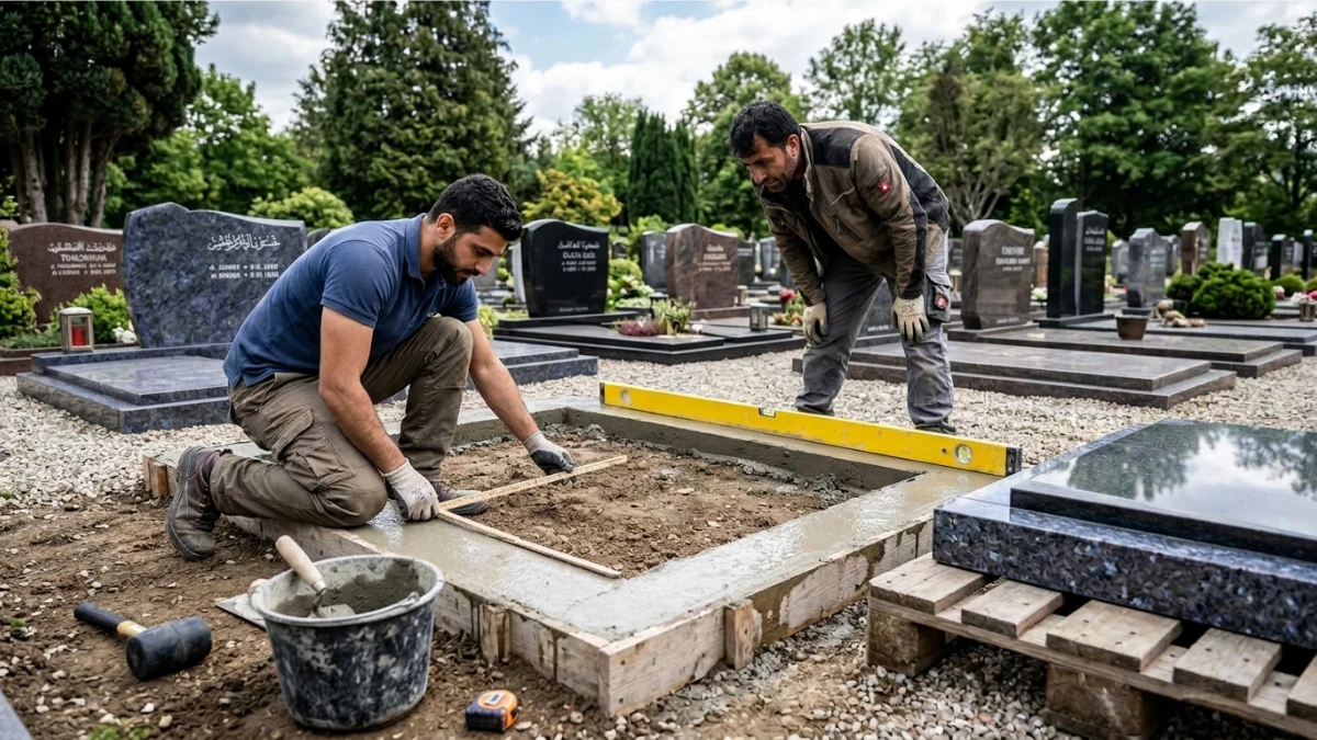 Grabstein Befestigung – Steinmetze messen und richten das Betonfundament mit Wasserwaage auf dem Friedhof aus