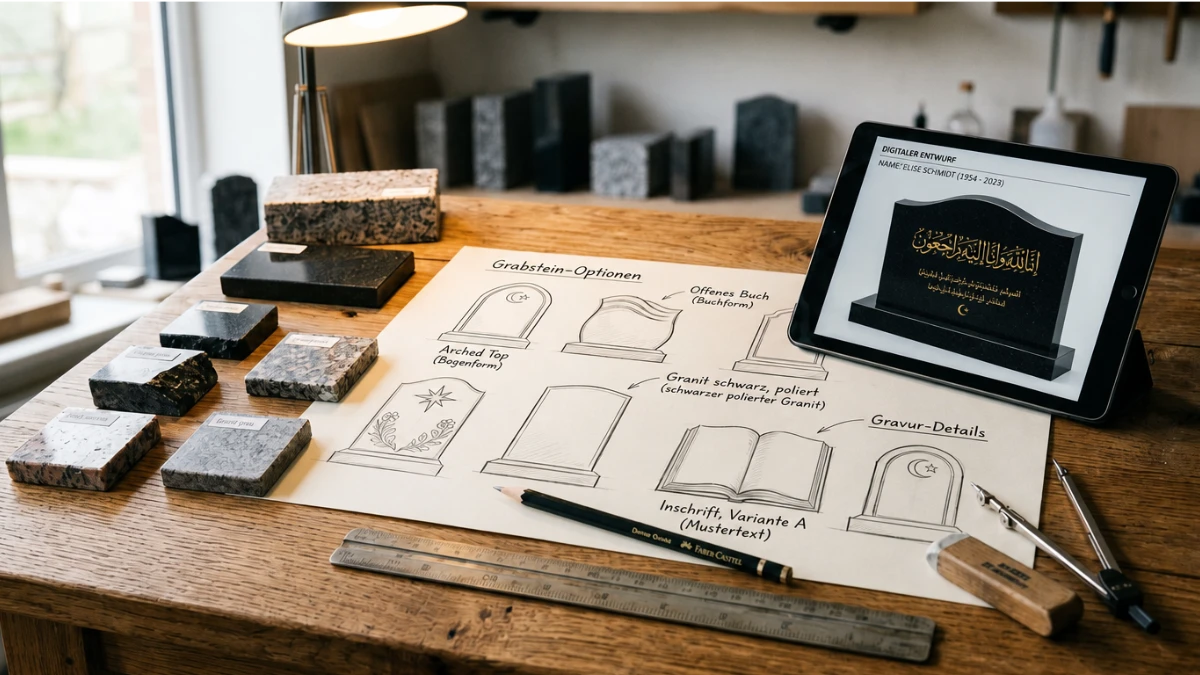 Grabstein Design – Handskizzen und Tablet-Entwurf für die individuelle Grabsteingestaltung