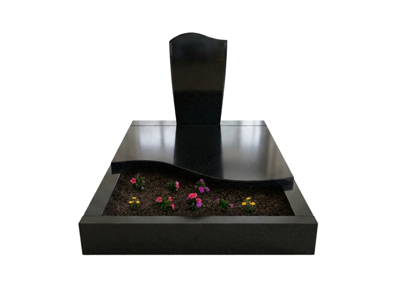 Schwarzer Granit Grabstein mit Einfassung, Wellen-Abdeckung und Blumenbeet