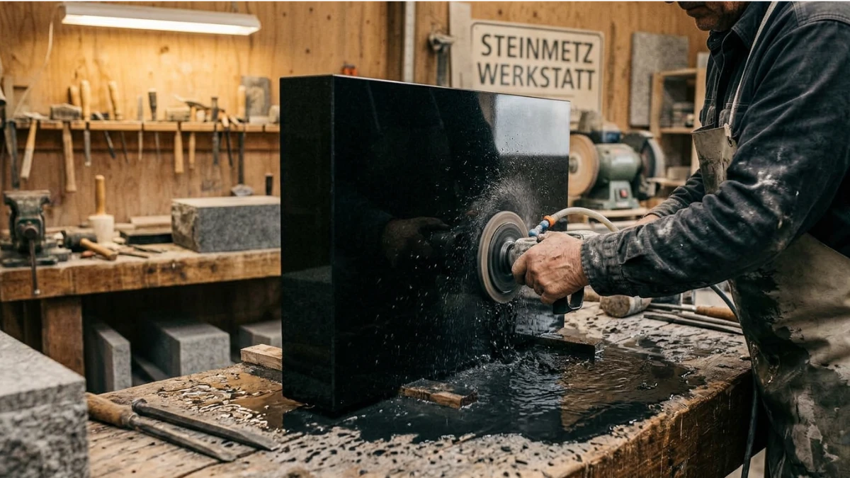 Grabstein Herstellung – Steinmetz poliert einen glänzenden schwarzen Granitgrabstein in der Werkstatt
