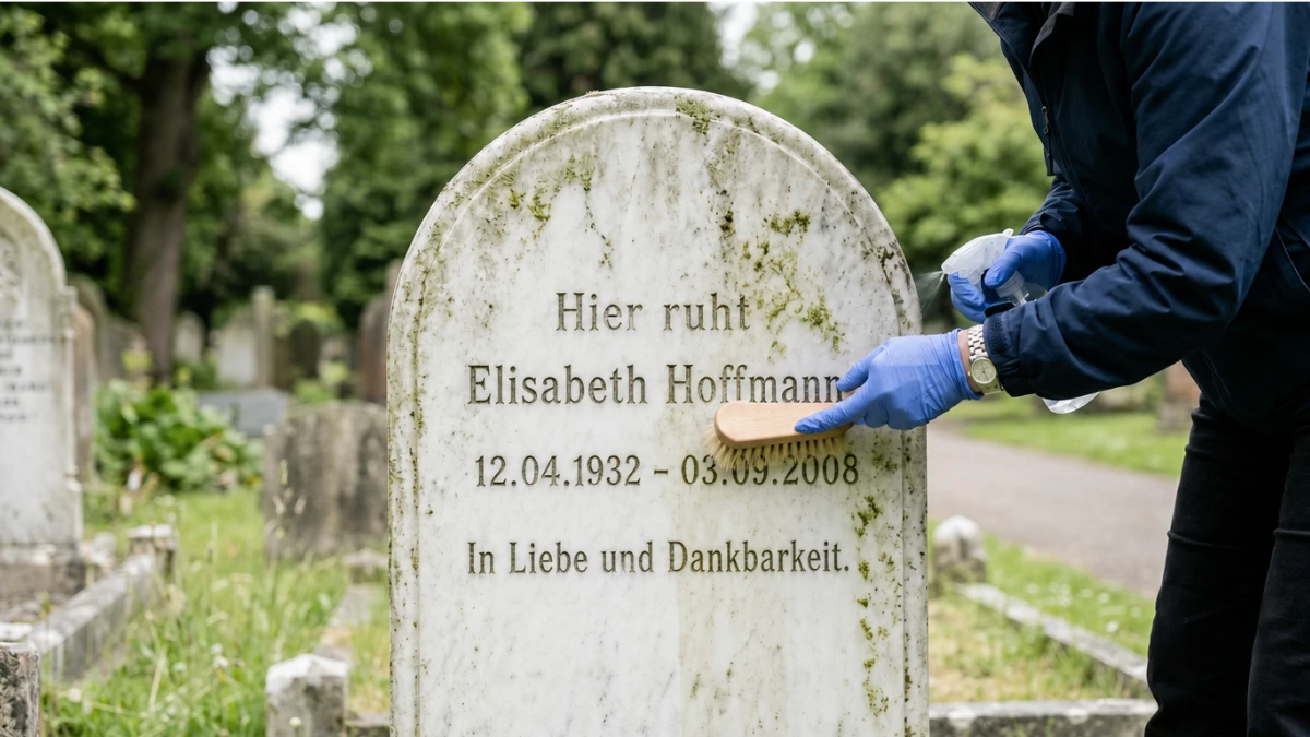 Grabstein Reinigung – schonende Pflege eines Marmor-Grabsteins mit deutscher Inschrift