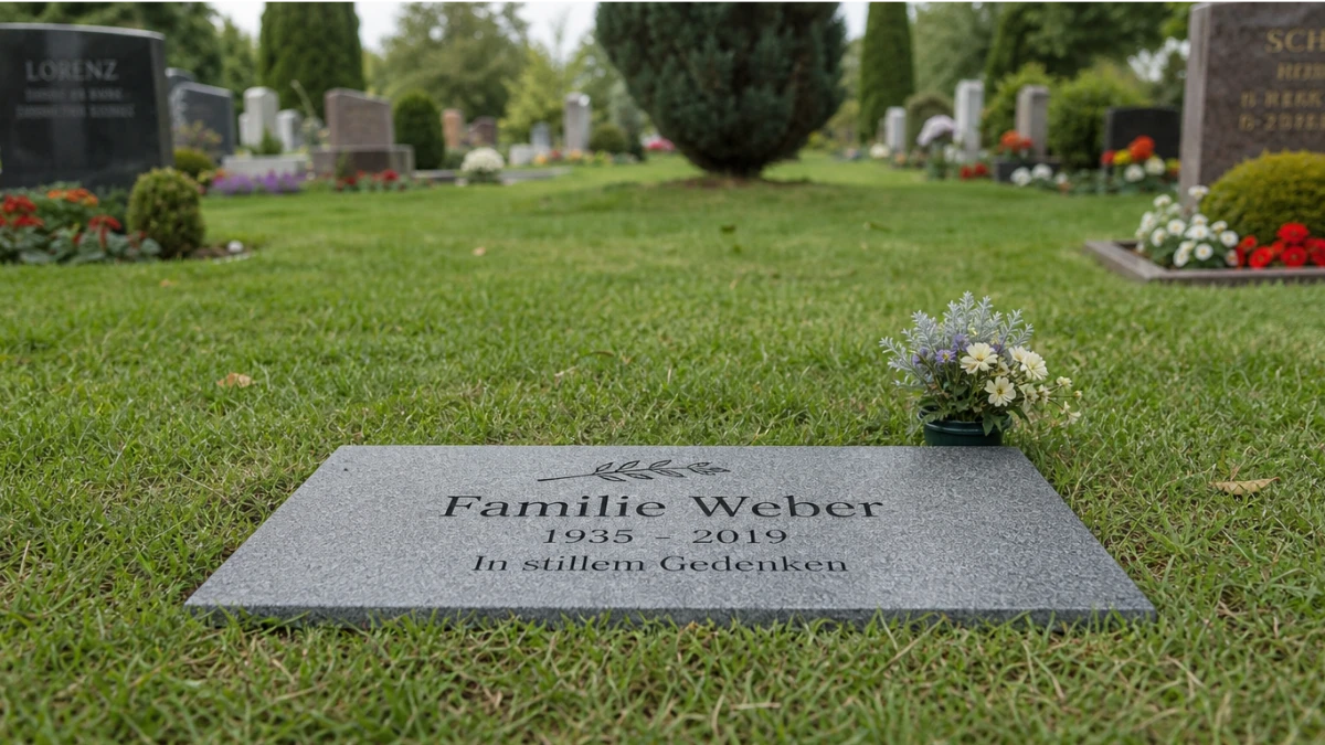 Günstige Grabsteine – dünne Granit-Liegeplatte mit deutscher Inschrift auf dem Friedhof